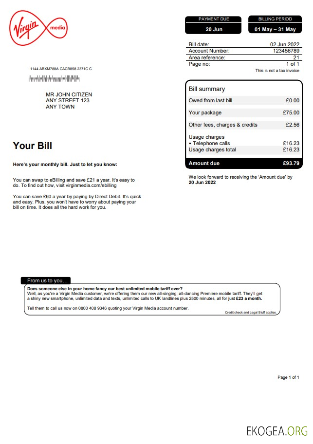 United Kingdom Virgin Media utility bill, Word and PDF template